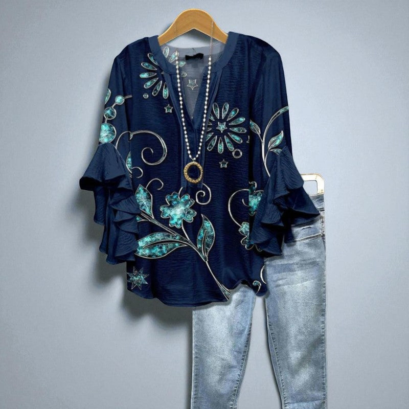 Marcelle – Blouse bleu nuit avec touches florales turquoise