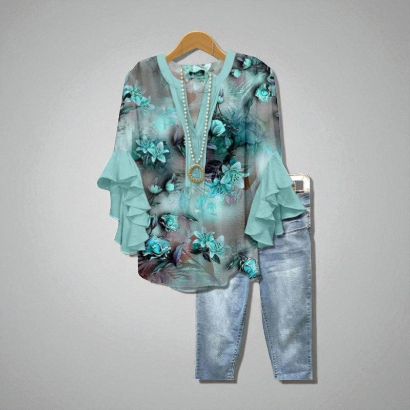 Sylviane – Blouse vert menthe à imprimé floral artistique